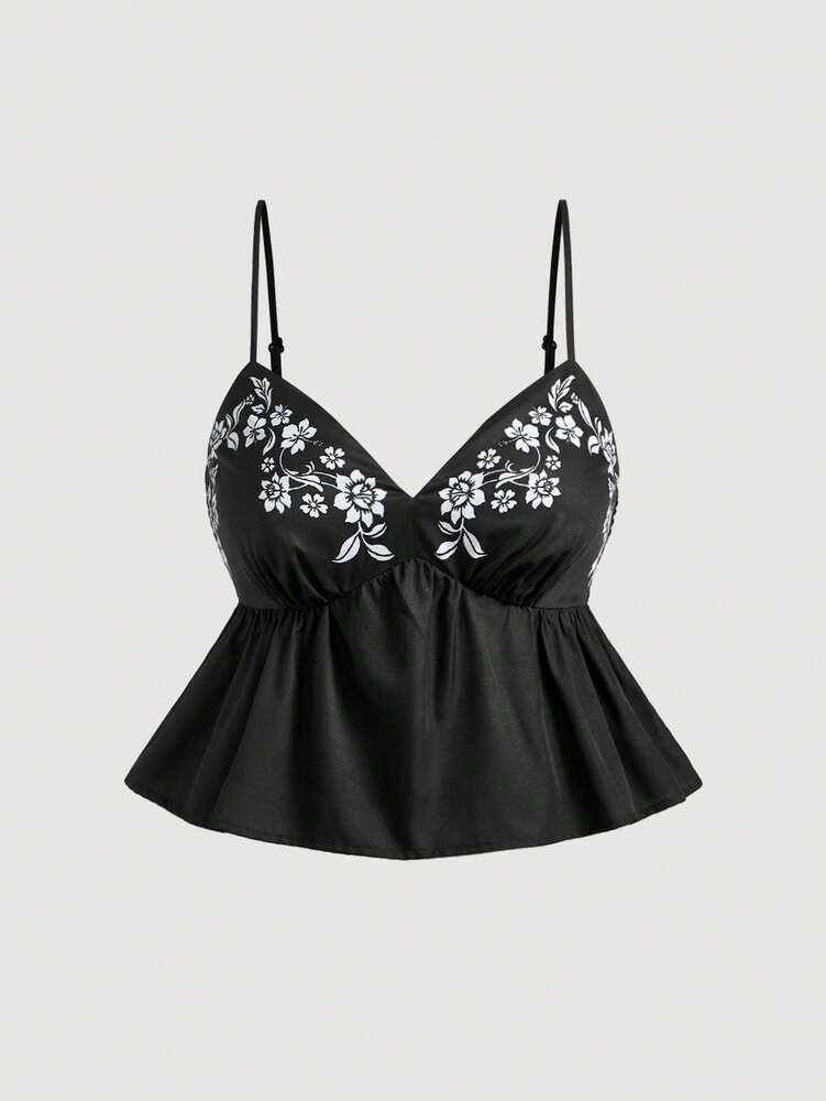 Plus Size Vintage Boho Floral Print Cami Top for Women – Summer Festival, Rave, Concert, Vacation Casual Black Tank
