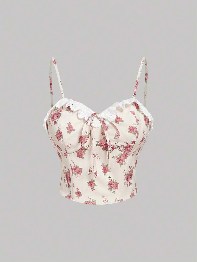 Plus Size Embroidered Floral Lace Patchwork Ditsy Camisole Top with Bowknot Strap – Romantic & Casual Women’s Summer Top
