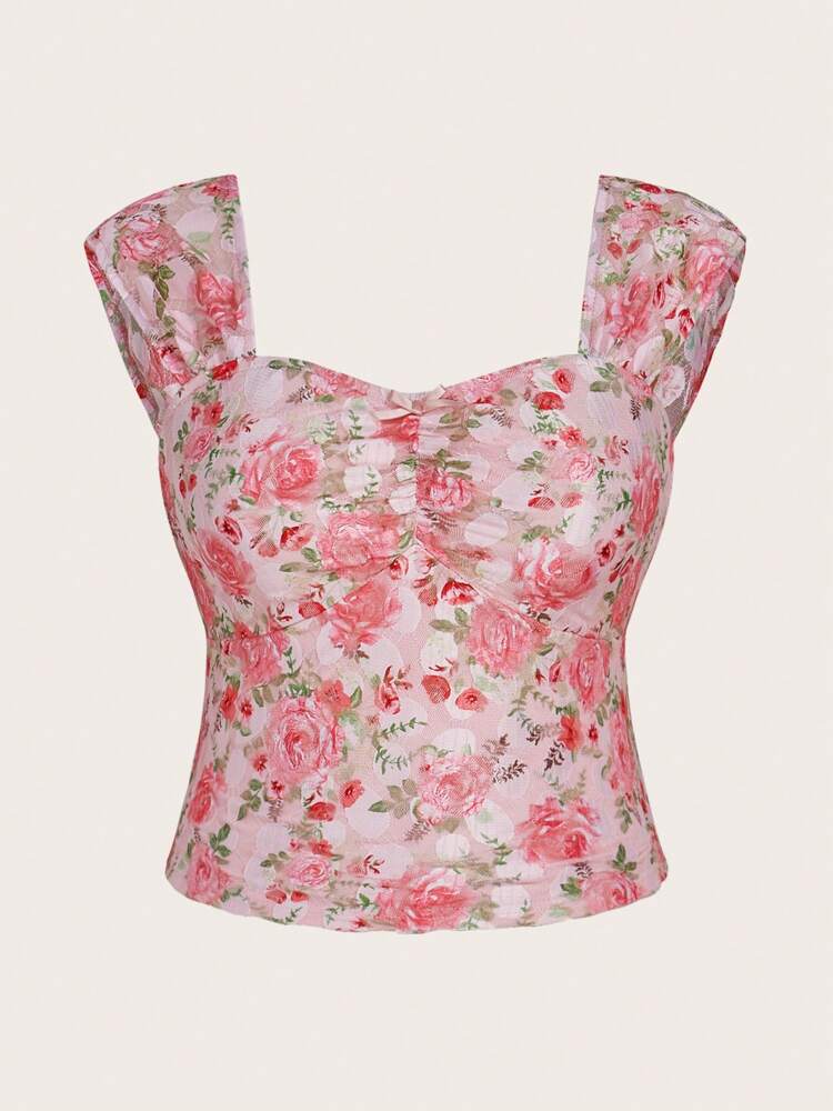Plus Size Square Neck Front Ruched Rose Floral Knit T-Shirt for Women – Stylish Casual Top