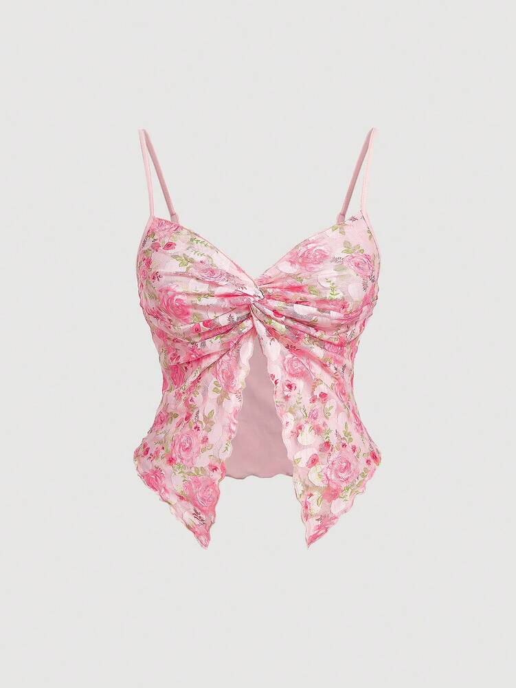 Plus Size Women’s Rose Floral Print Front Twist Camisole Tank Top – Pink Hawaiian Summer Top