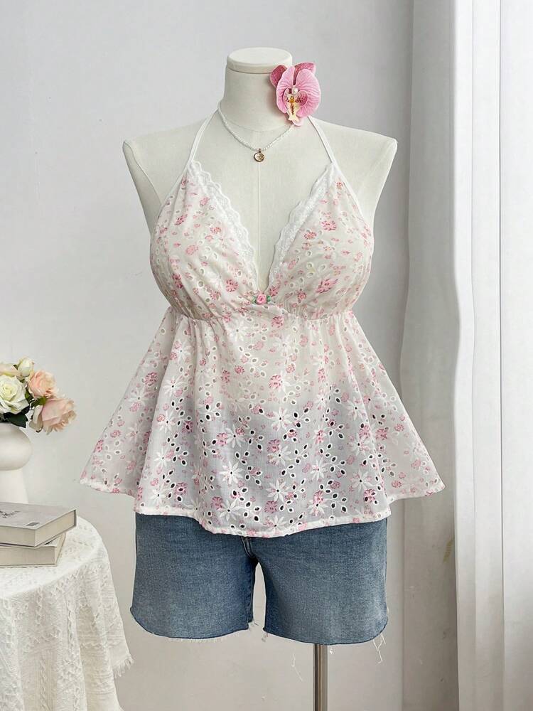 Plus Size Floral Contrast Lace Trim Halter Neck Camisole – Cute & Minimalist Summer Top for Women, Perfect for Casual, Vacation & Date Outfits