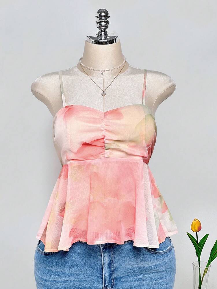 Plus Size Tie Dye Ruched Bust Babydoll Top with Ruffle Hem – Vibrant Orange Summer & Vacation Top, Lightweight and Flowy for Warm Weather Outfits
