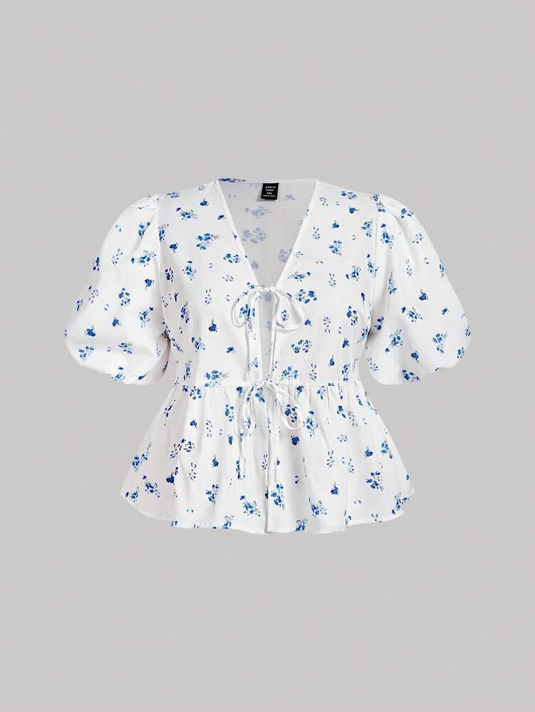 Plus Size Women’s Vacation Ditsy Floral Tie Strap Blouse with Ruffle Hem – Summer Casual Top