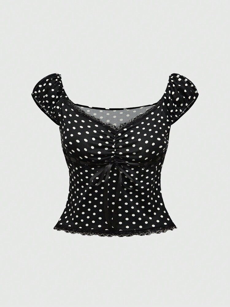 Plus Size Women’s V-Neck Bowknot Colorblock Polka Dot T-Shirt – Kawaii, Flattering & Versatile Summer Top