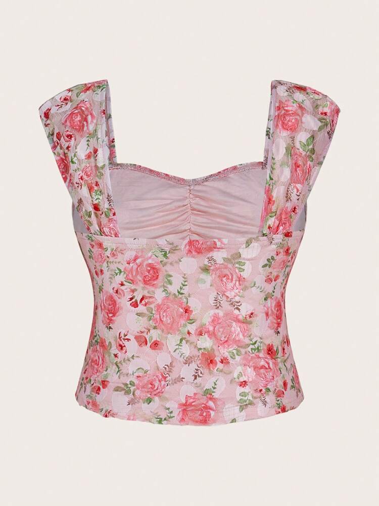 Plus Size Square Neck Front Ruched Rose Floral Knit T-Shirt for Women – Stylish Casual Top
