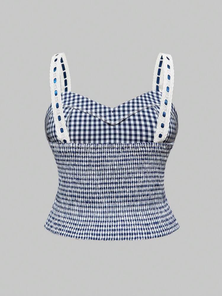 Plus Size Plaid Ruffle Trim Fitted Camisole Tank Top – Kawaii Style Vacation Top for Women