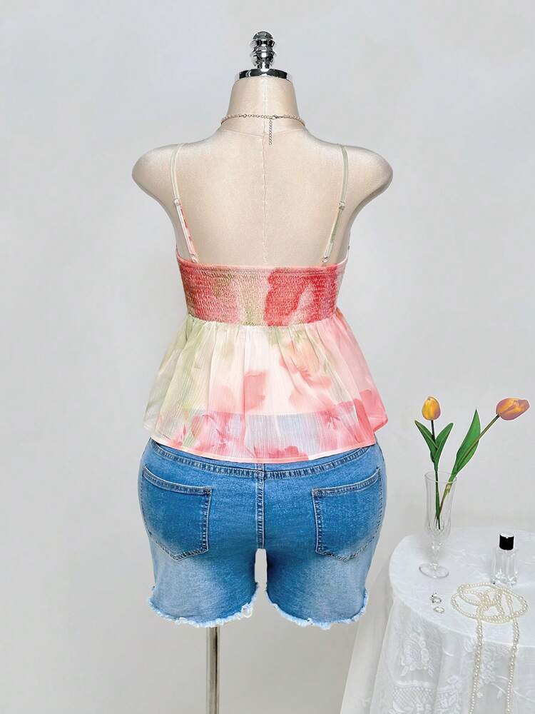 Plus Size Tie Dye Ruched Bust Babydoll Top with Ruffle Hem – Vibrant Orange Summer & Vacation Top, Lightweight and Flowy for Warm Weather Outfits