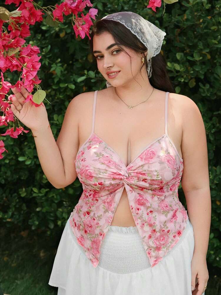 Plus Size Women’s Rose Floral Print Front Twist Camisole Tank Top – Pink Hawaiian Summer Top