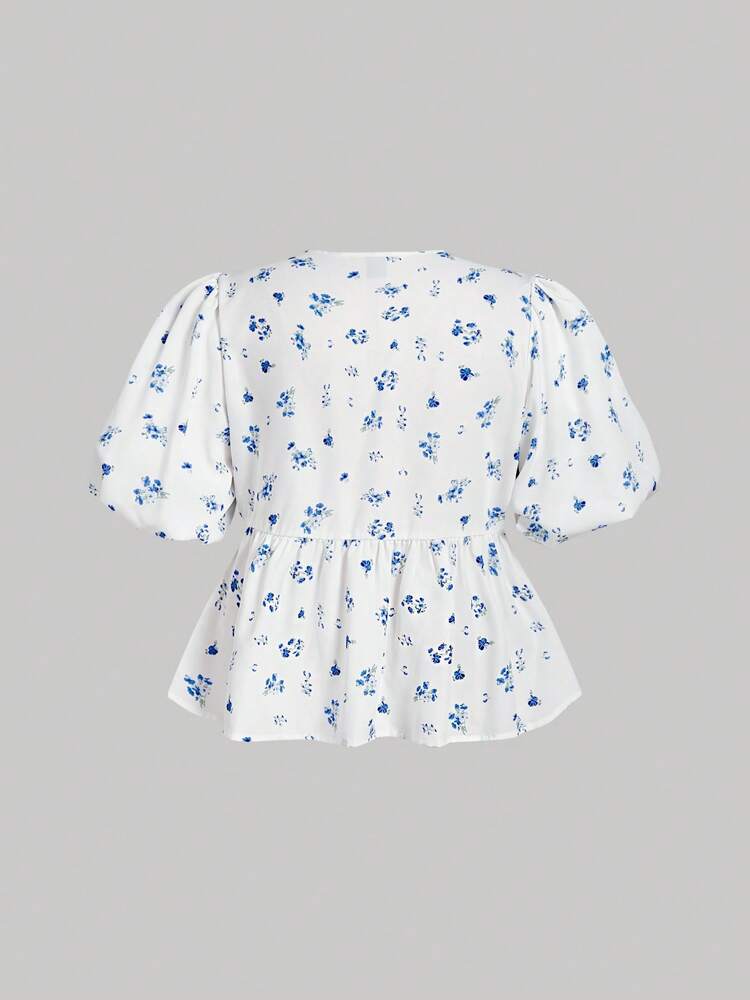 Plus Size Women’s Vacation Ditsy Floral Tie Strap Blouse with Ruffle Hem – Summer Casual Top