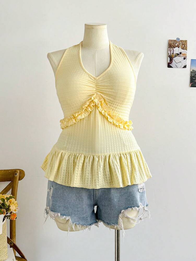 Plus Size Yellow Halter Tie-Up A-Line Top for Women – Spring Casual, Beach, Countryside, Romantic & Tea Time Outfits