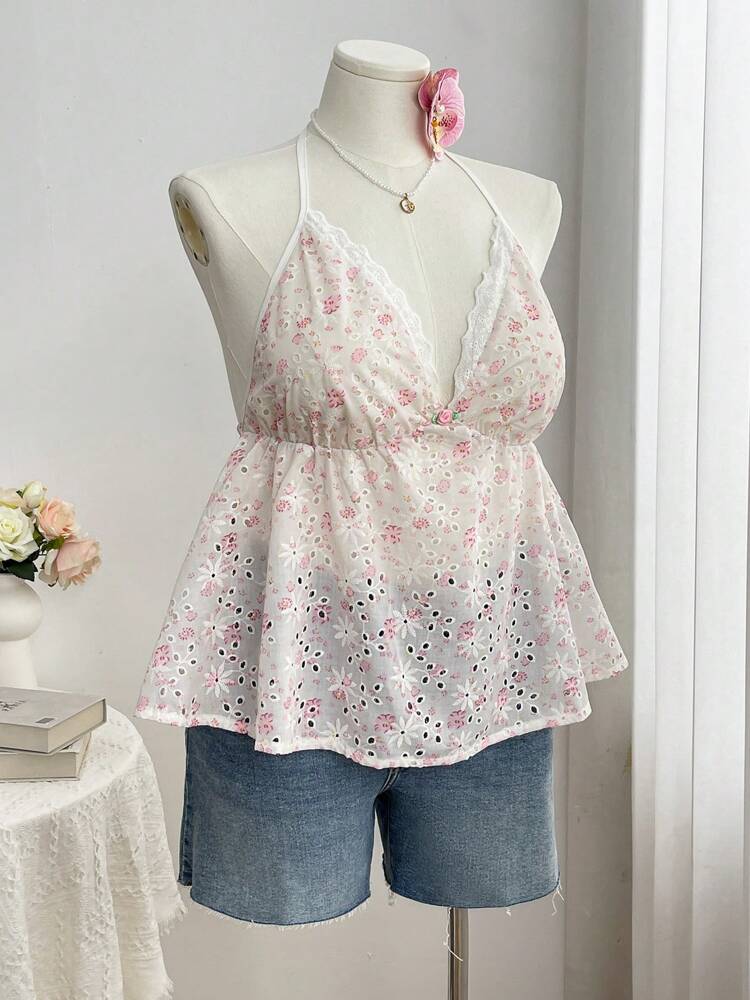 Plus Size Floral Contrast Lace Trim Halter Neck Camisole – Cute & Minimalist Summer Top for Women, Perfect for Casual, Vacation & Date Outfits