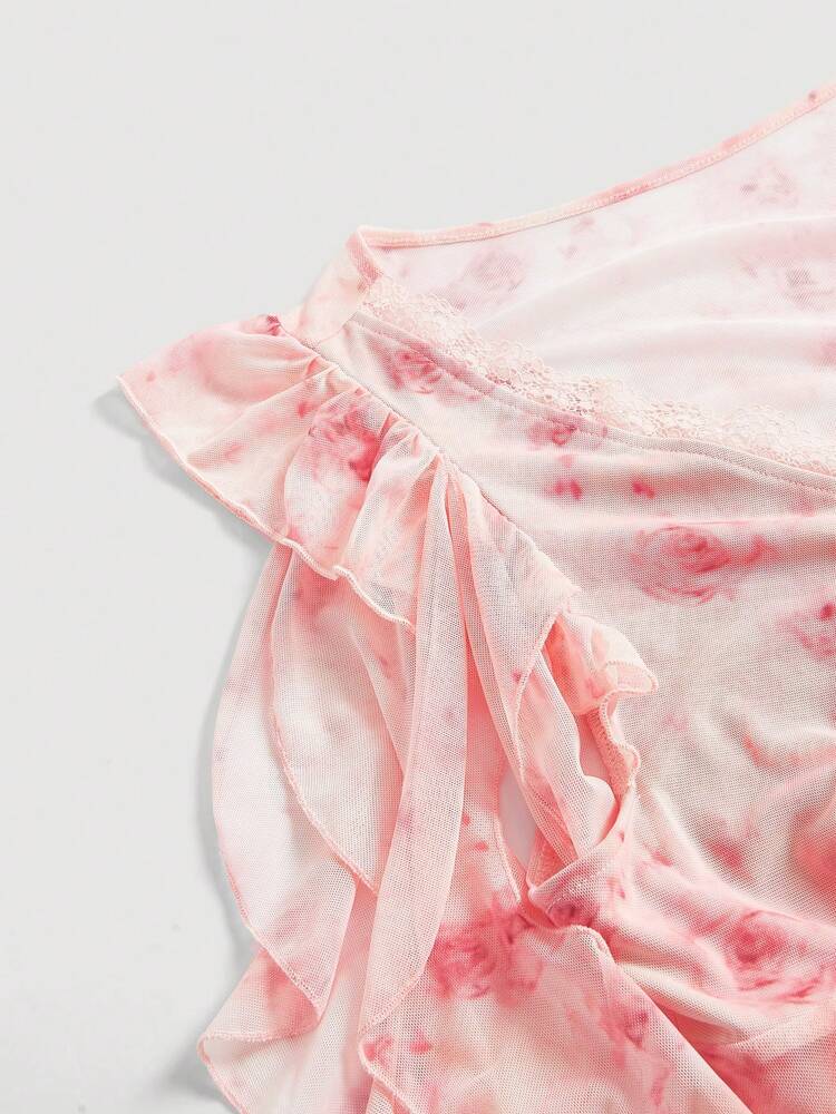 Plus Size Women’s Pink Rose Tie Dye V-Neck Lace Ruffle Sleeve Blouse – Cute Summer Top