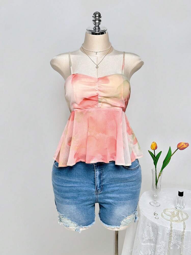 Plus Size Tie Dye Ruched Bust Babydoll Top with Ruffle Hem – Vibrant Orange Summer & Vacation Top, Lightweight and Flowy for Warm Weather Outfits