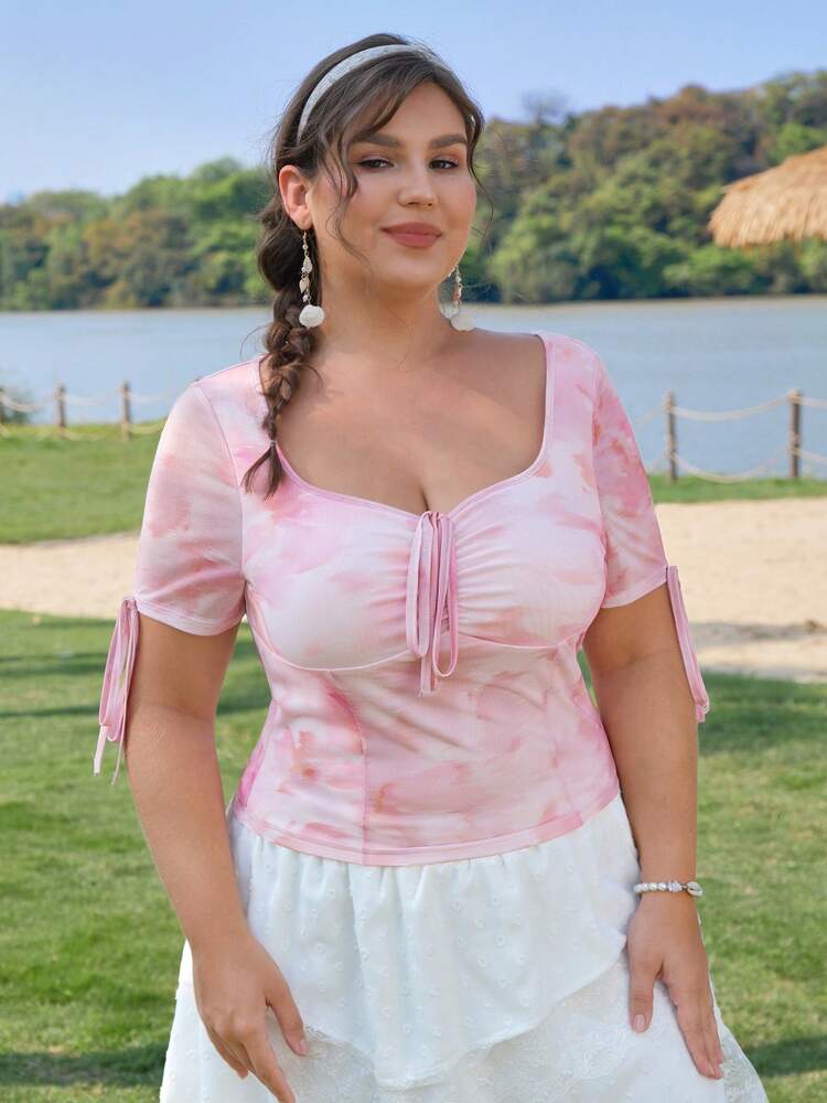 Plus Size Blurred Print Tie Front Mesh Short Sleeve Knit T-Shirt – Stylish Summer, Beach & Festival Outfit for Women, Lightweight and Trendy
