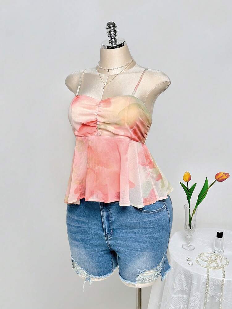 Plus Size Tie Dye Ruched Bust Babydoll Top with Ruffle Hem – Vibrant Orange Summer & Vacation Top, Lightweight and Flowy for Warm Weather Outfits