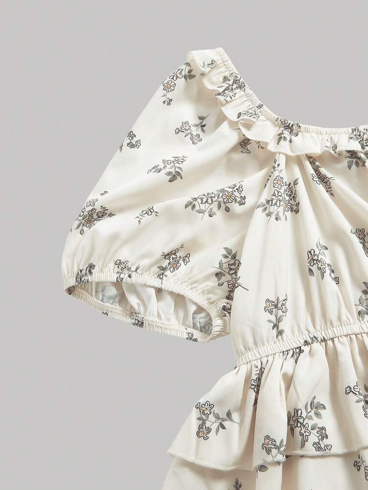 Plus Size Sweet Ditsy Floral Puff Sleeve Ruffle Collar Double Layer Ruffle Hem T-Shirt – Casual, Holiday & French Style Work Top