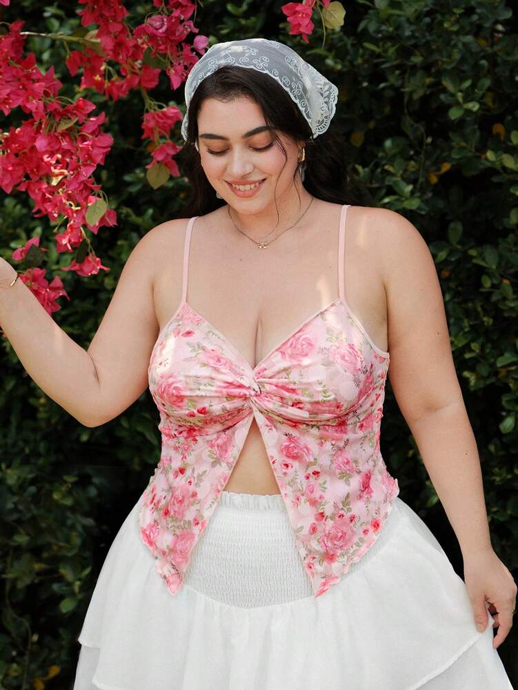 Plus Size Women’s Rose Floral Print Front Twist Camisole Tank Top – Pink Hawaiian Summer Top