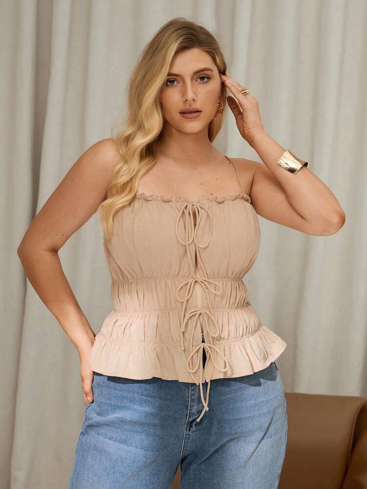 Plus Size Apricot Linen Suspender Tube Top – Elegant & Comfortable Y2K Style for Spring & Summer, Perfect for Vacation, Beach, Boho & Cruise Outfits