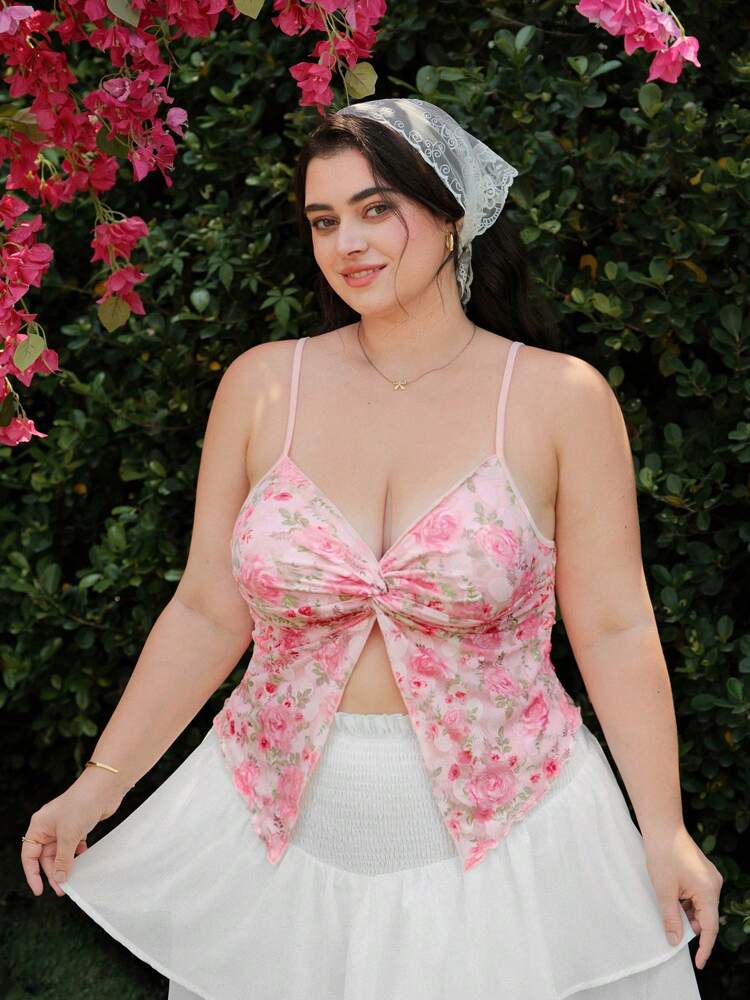 Plus Size Women’s Rose Floral Print Front Twist Camisole Tank Top – Pink Hawaiian Summer Top