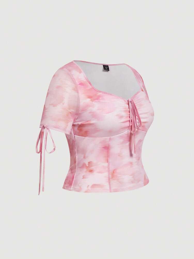 Plus Size Blurred Print Tie Front Mesh Short Sleeve Knit T-Shirt – Stylish Summer, Beach & Festival Outfit for Women, Lightweight and Trendy