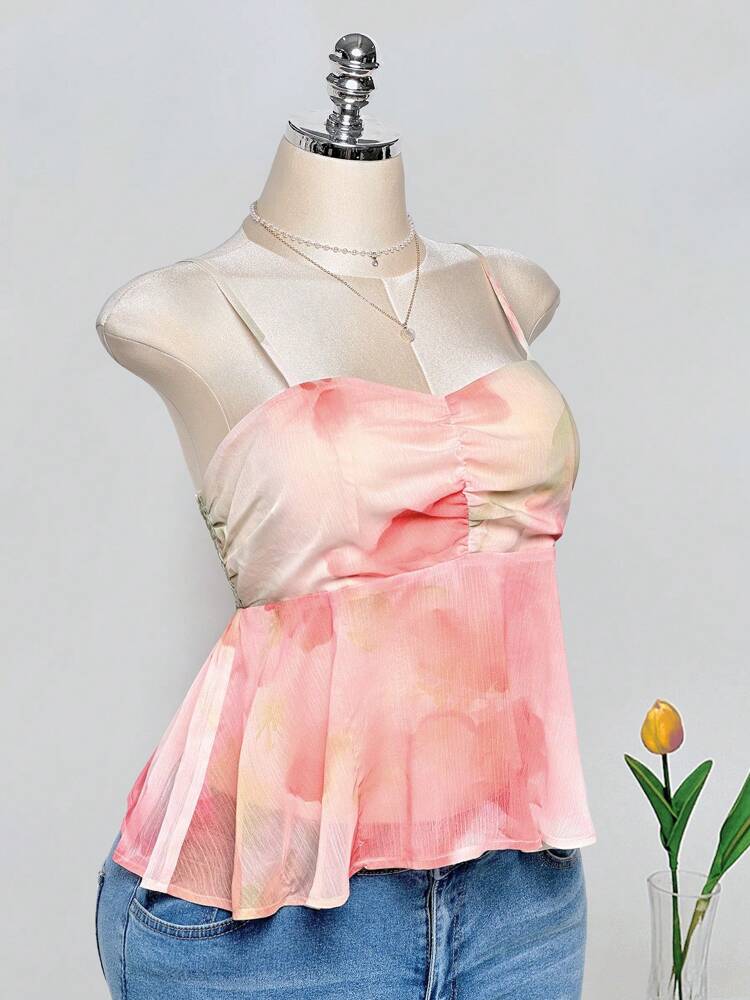 Plus Size Tie Dye Ruched Bust Babydoll Top with Ruffle Hem – Vibrant Orange Summer & Vacation Top, Lightweight and Flowy for Warm Weather Outfits