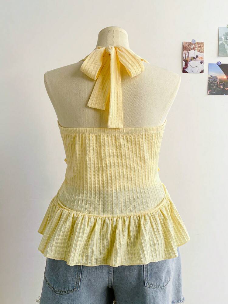 Plus Size Yellow Halter Tie-Up A-Line Top for Women – Spring Casual, Beach, Countryside, Romantic & Tea Time Outfits