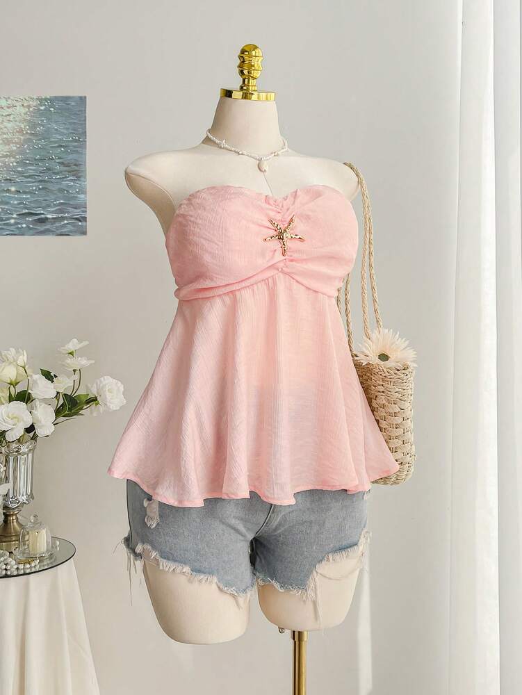 Plus Size Pink Starfish Decor A-Line Sleeveless Camisole – Cute Strapless Summer Top for Vacations, Beach Days, and Casual Warm Weather Outfits