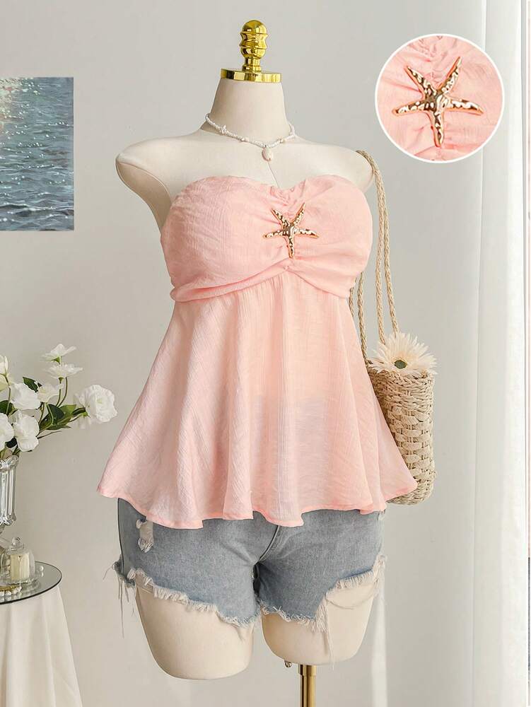 Plus Size Pink Starfish Decor A-Line Sleeveless Camisole – Cute Strapless Summer Top for Vacations, Beach Days, and Casual Warm Weather Outfits