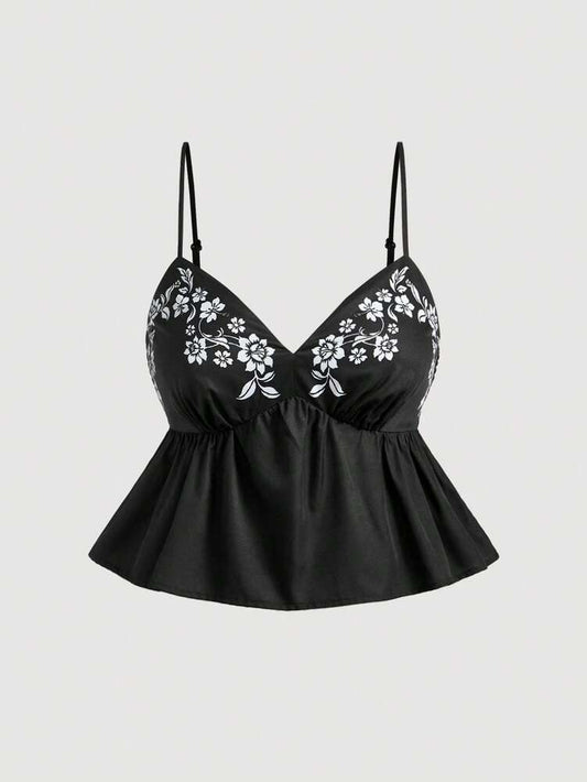 Plus Size Vintage Boho Floral Print Cami Top for Women – Summer Festival, Rave, Concert, Vacation Casual Black Tank
