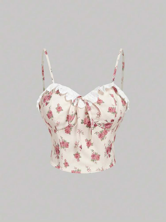 Plus Size Embroidered Floral Lace Patchwork Ditsy Camisole Top with Bowknot Strap – Romantic & Casual Women’s Summer Top
