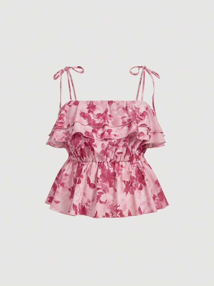 Plus Size Ruffled Trim Floral Print Cami Top – Spring/Summer, Mother’s Day, 4th of July, Graduation & Halloween Outfits