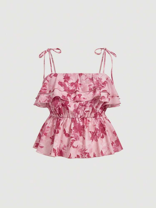 Plus Size Ruffled Trim Floral Print Cami Top – Spring/Summer, Mother’s Day, 4th of July, Graduation & Halloween Outfits