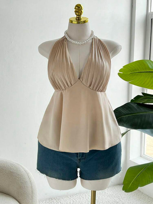 Elegant Fitted Satin Backless Pleated Deep V Neck Cami Vest for Women – European & American Style