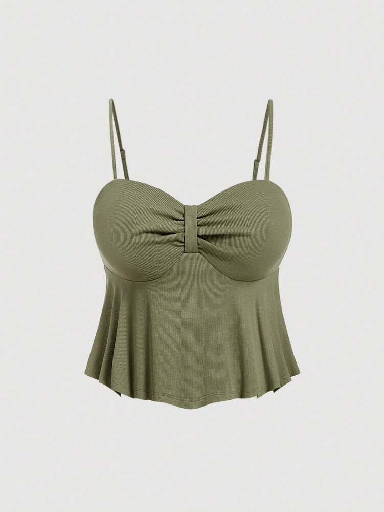 Plus Size Military Green Sleeveless Tank Top with Bow Detail & Ruffle Hem – Casual Summer Top