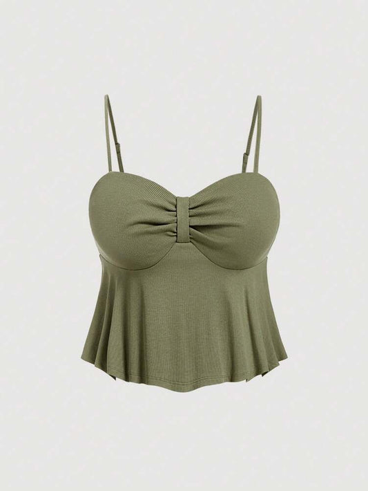 Plus Size Military Green Sleeveless Tank Top with Bow Detail & Ruffle Hem – Casual Summer Top
