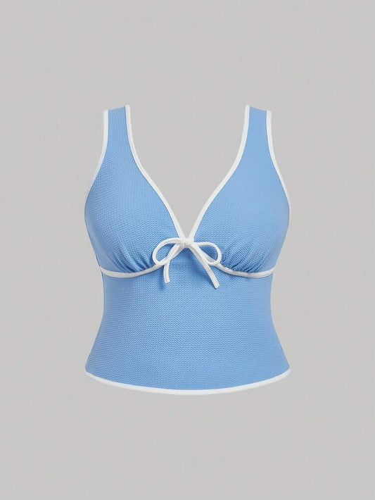 Plus Size Blue & White Contrast Bow Knitted Tank Top – Summer, Beach & Festival Outfits for Women