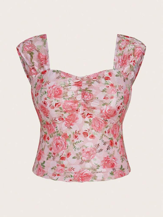 Plus Size Square Neck Front Ruched Rose Floral Knit T-Shirt for Women – Stylish Casual Top