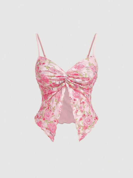 Plus Size Women’s Rose Floral Print Front Twist Camisole Tank Top – Pink Hawaiian Summer Top