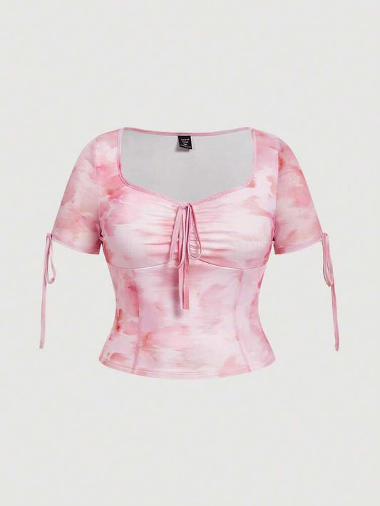 Plus Size Blurred Print Tie Front Mesh Short Sleeve Knit T-Shirt – Stylish Summer, Beach & Festival Outfit for Women, Lightweight and Trendy