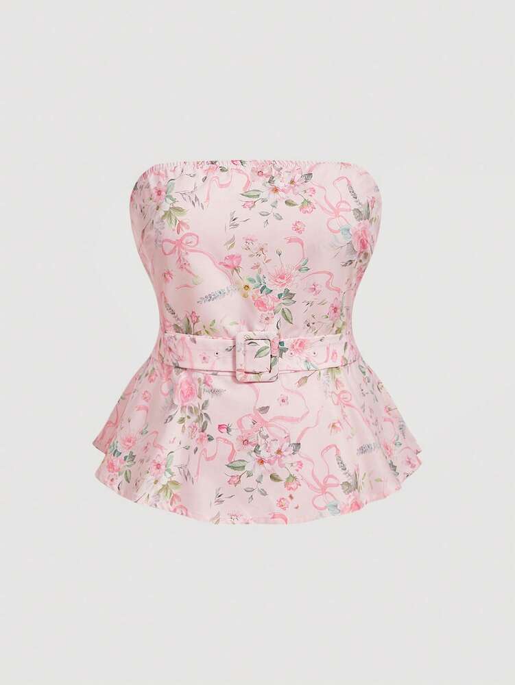 Plus Size Floral Print Belted Camisole Top – Romantic, Elegant, Classy Work & Casual Summer Outfits for Women