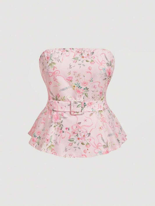 Plus Size Floral Print Belted Camisole Top – Romantic, Elegant, Classy Work & Casual Summer Outfits for Women