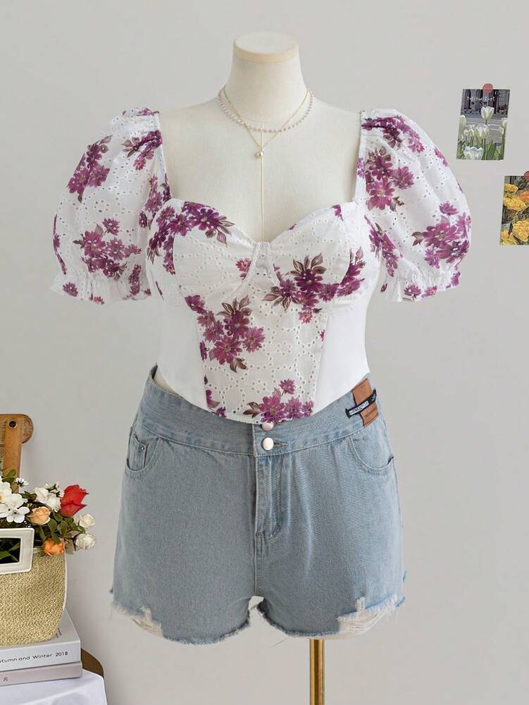 Plus Size Women’s Floral Embroidery Puff Sleeve Square Neck Cami Top – Casual Spring Style