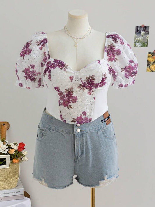 Plus Size Women’s Floral Embroidery Puff Sleeve Square Neck Cami Top – Casual Spring Style
