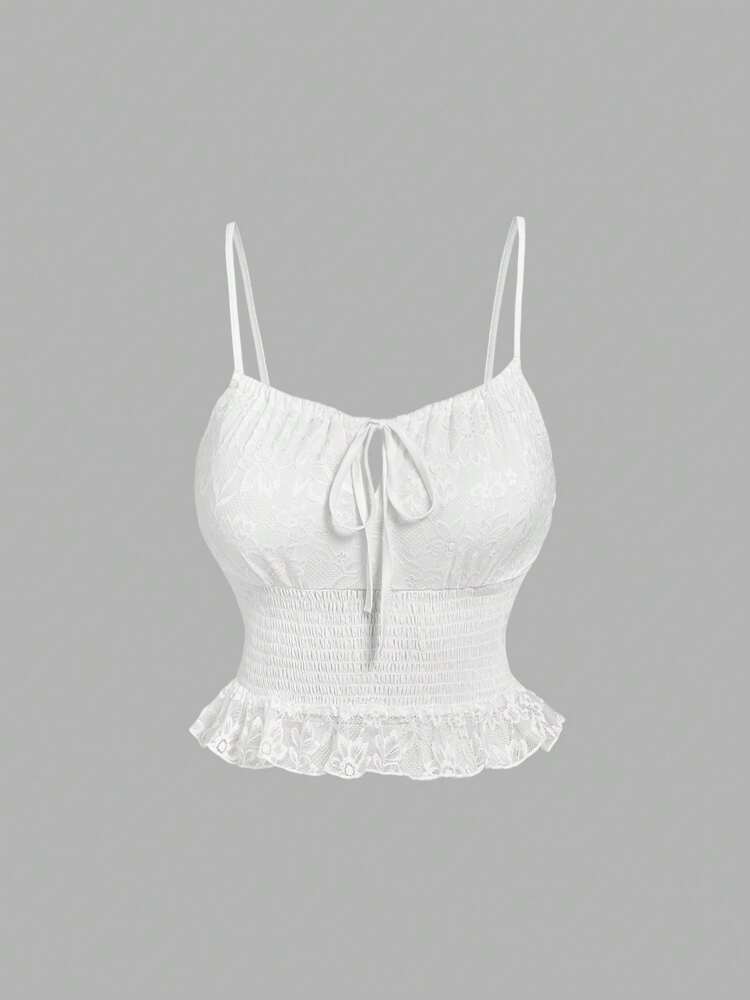 Plus Size Elegant White Lace Waist Camisole – Romantic, Sexy with Bow Detail, Gathered & Nipped Waist, Cute Summer Top for Women