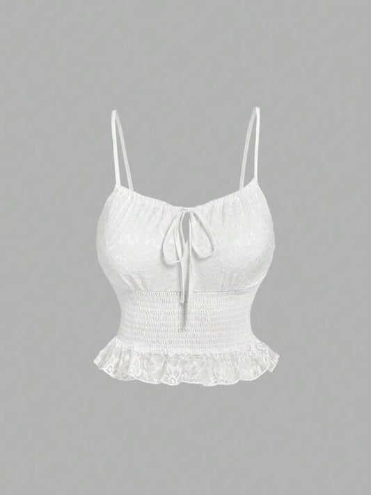 Plus Size Elegant White Lace Waist Camisole – Romantic, Sexy with Bow Detail, Gathered & Nipped Waist, Cute Summer Top for Women
