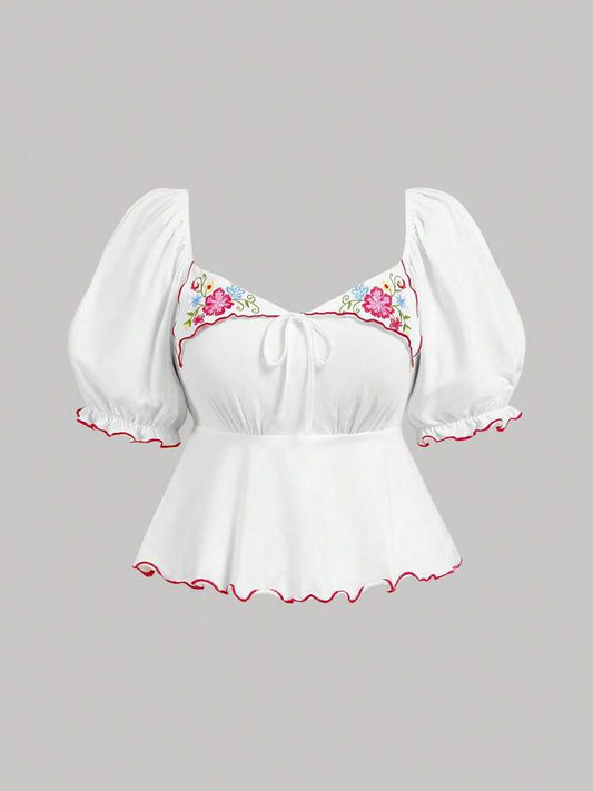 Plus Size Romantic Embroidered Ruffled Puff Sleeve Blouse – Casual Daily & Vacation Wear for Spring, Summer & Fall