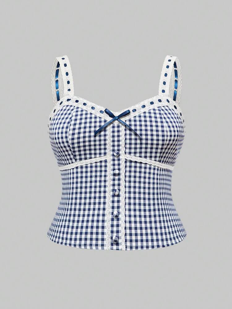 Plus Size Plaid Ruffle Trim Fitted Camisole Tank Top – Kawaii Style Vacation Top for Women