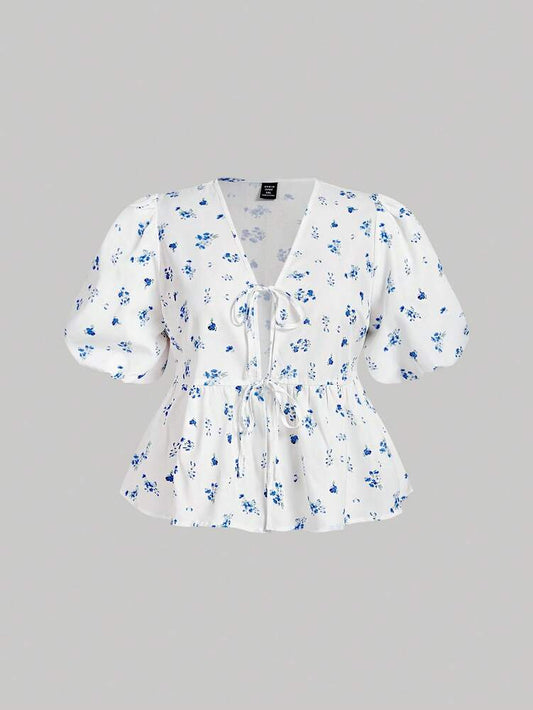 Plus Size Women’s Vacation Ditsy Floral Tie Strap Blouse with Ruffle Hem – Summer Casual Top
