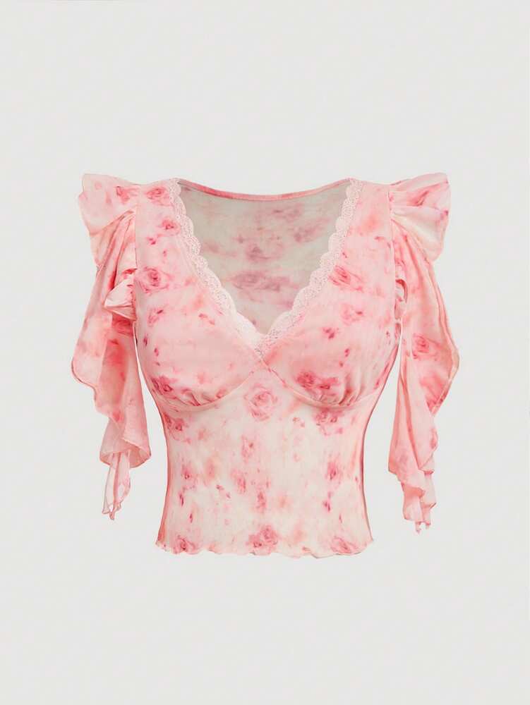 Plus Size Women’s Pink Rose Tie Dye V-Neck Lace Ruffle Sleeve Blouse – Cute Summer Top