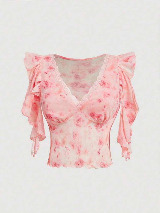 Plus Size Women’s Pink Rose Tie Dye V-Neck Lace Ruffle Sleeve Blouse – Cute Summer Top